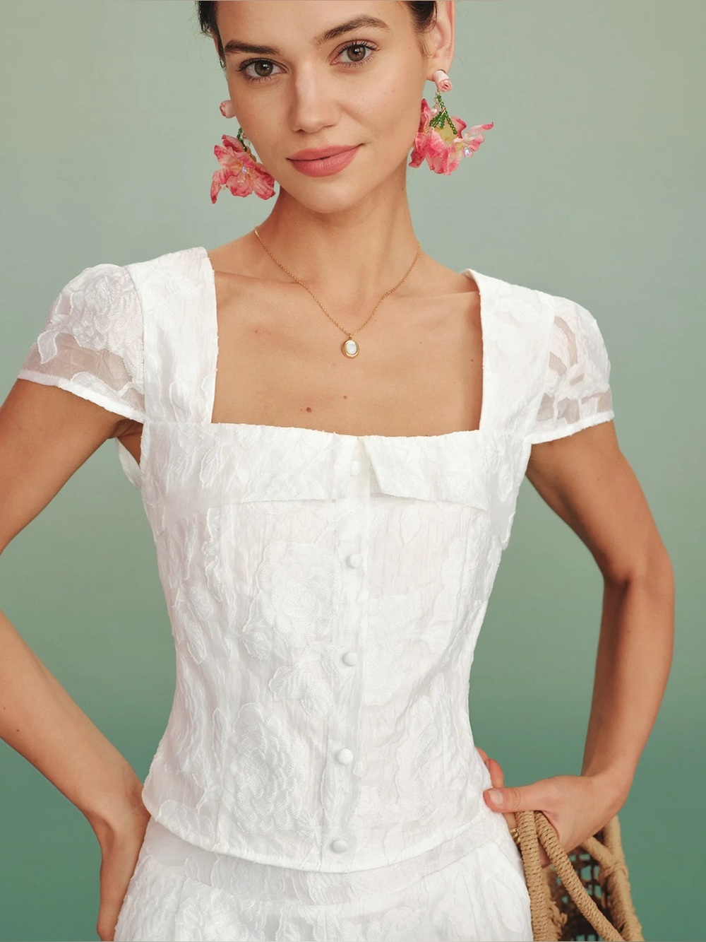 Rihoas White Square Neck Jacquard Blouse